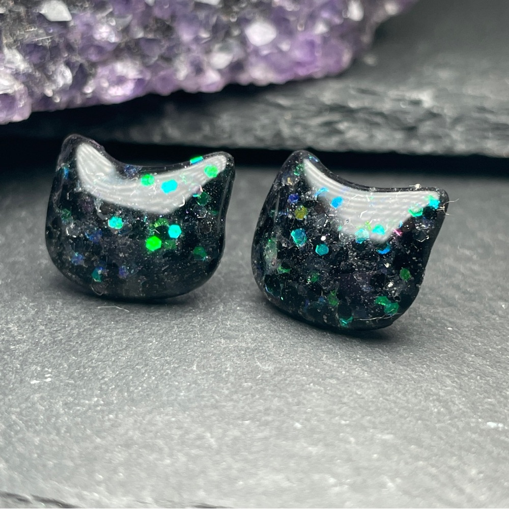 2/$18 Custom Made Black and Green Cat Stud Earrings